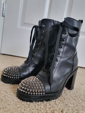 Christian Louboutin Black Leather Lace-Up Studded Ankle Boots Size 36